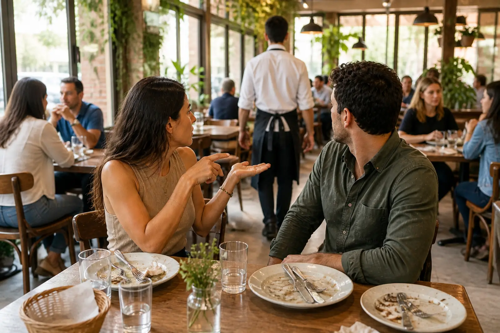 Cliente levantando la mano para pedir la cuenta en un restaurante